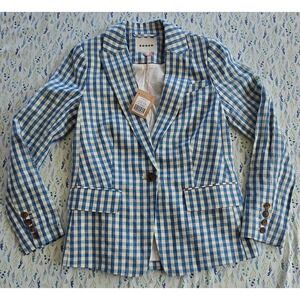 Boden Woodbridge Linen Blazer Blue White Gingham Jacket U0126 US 2R NEW